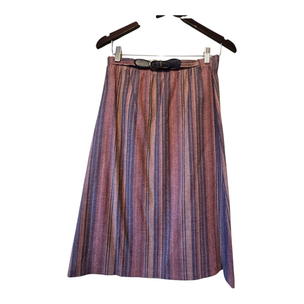 Vintage 80s Long Wool Maxi Skirt Women's‎ SM Mauve Stripe Belt Preppy Academia